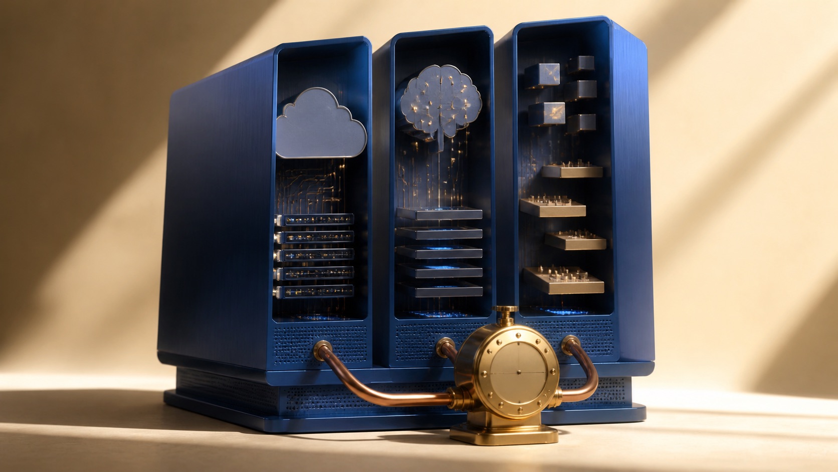AI concept illustration: three cobalt server chambers share one copper cable and billing meter, symbolizing AI cloud departments sharing compute costs