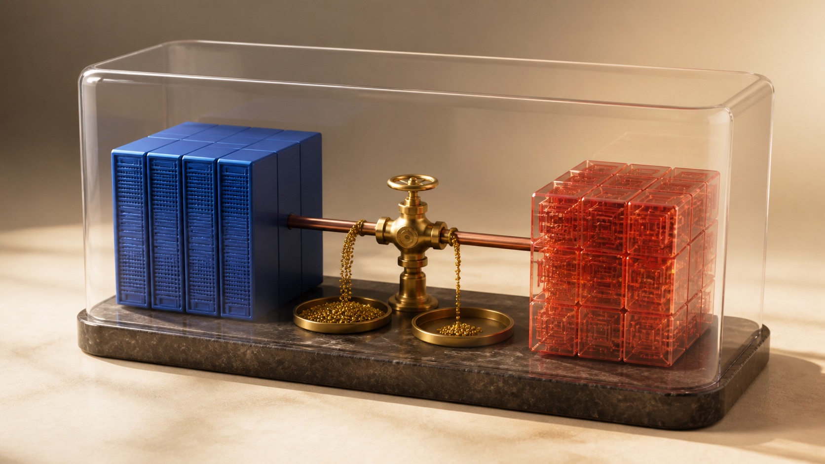 AI concept illustration: a valve redistributes gold beads between an infrastructure block and an application cube inside one container; not measured data