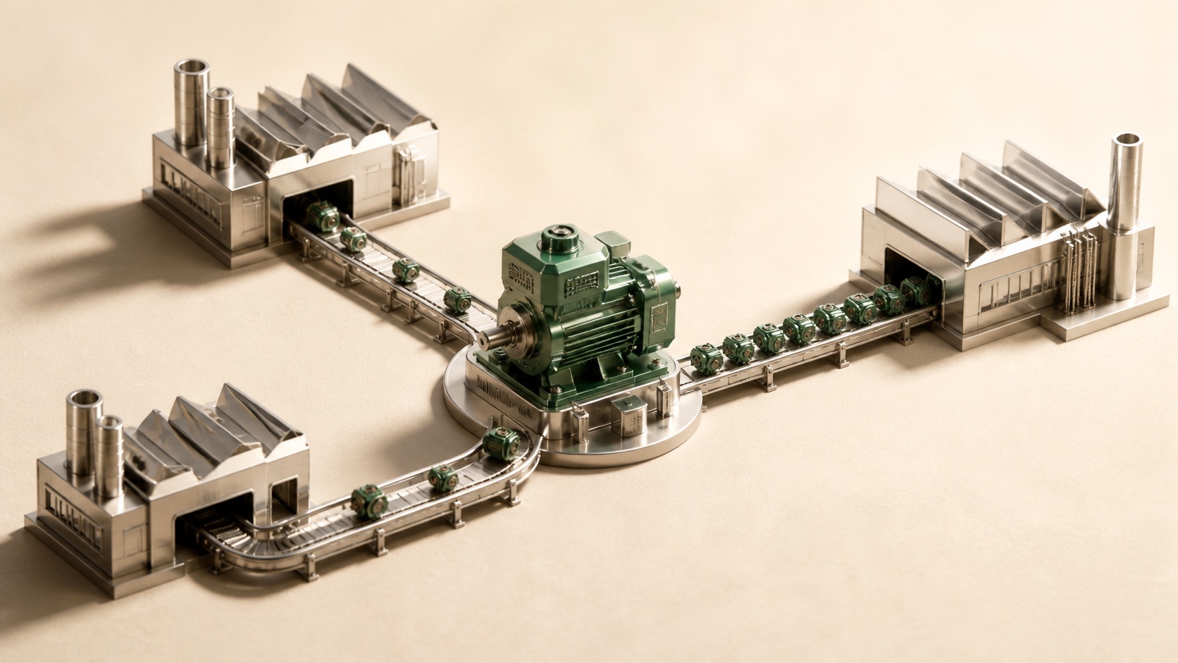 AI concept: one automotive component production module connected to several factory customers, illustrating reuse and diversification