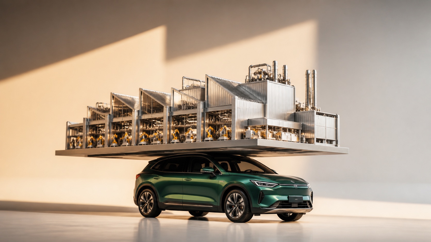AI concept: an electric SUV carrying a miniature factory campus, showing in-house capability and fixed-cost weight