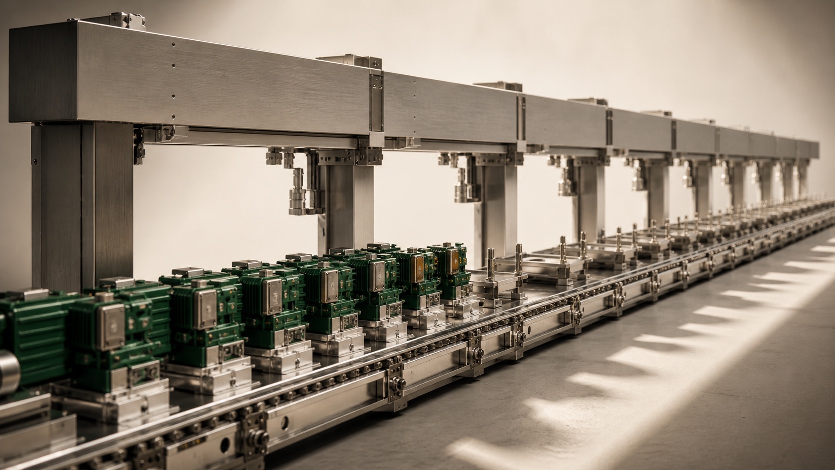 AI concept: one production line has filled and empty fixtures under the same fixed manufacturing structure