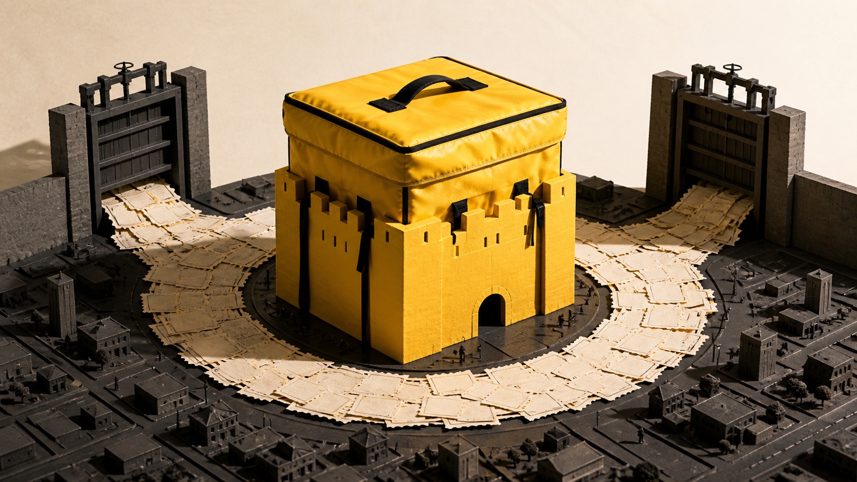 AI concept: a yellow delivery fortress surrounded by a coupon moat and competing sluice gates