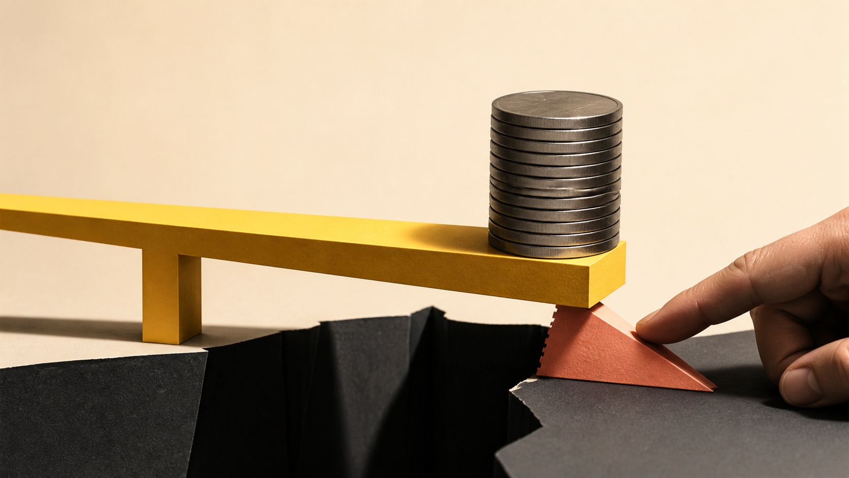 AI concept: a small coupon wedge supports a delivery bridge and a heavy stack of profit coins