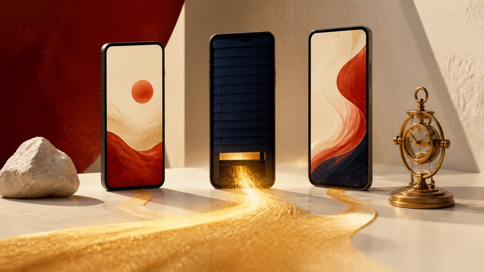 AI concept illustration: golden sand branches among three fictional phones, one partly shuttered, symbolizing possible attention shifts rather than measured usage