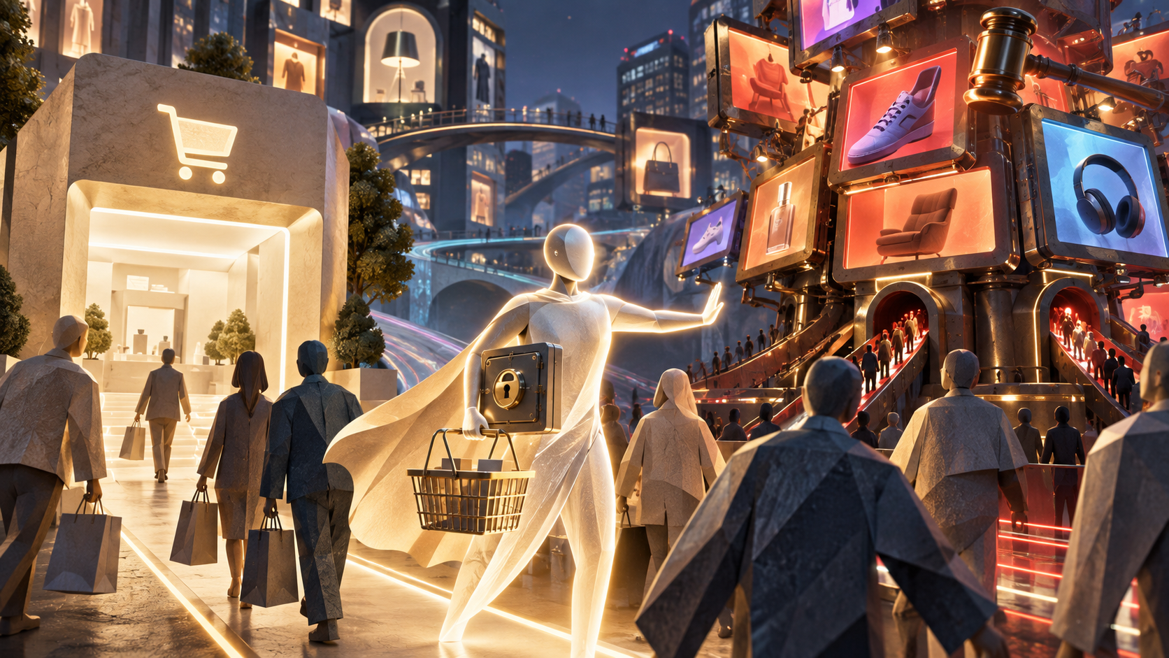 A buyer-side AI agent redirects shopping intent between consumers and an advertising auction machine