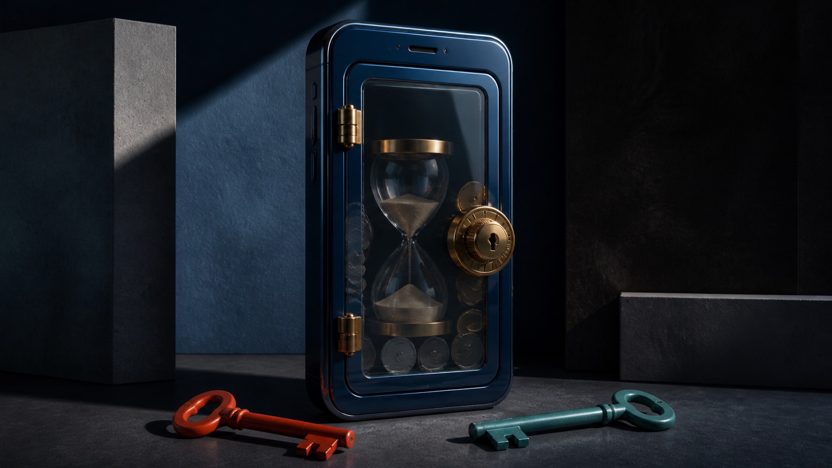 AI concept illustration: a phone-shaped vault with an hourglass and two external keys symbolizes settlement conditions tied to rival platforms