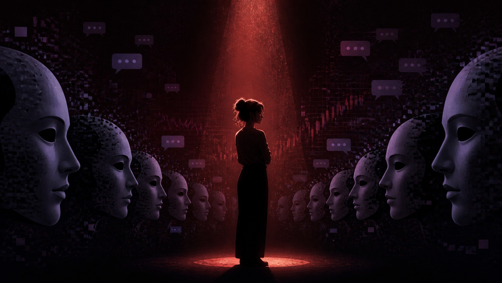 A human creator under a red spotlight between rows of synthetic masks, visualizing identity scarcity and AI authentication risk