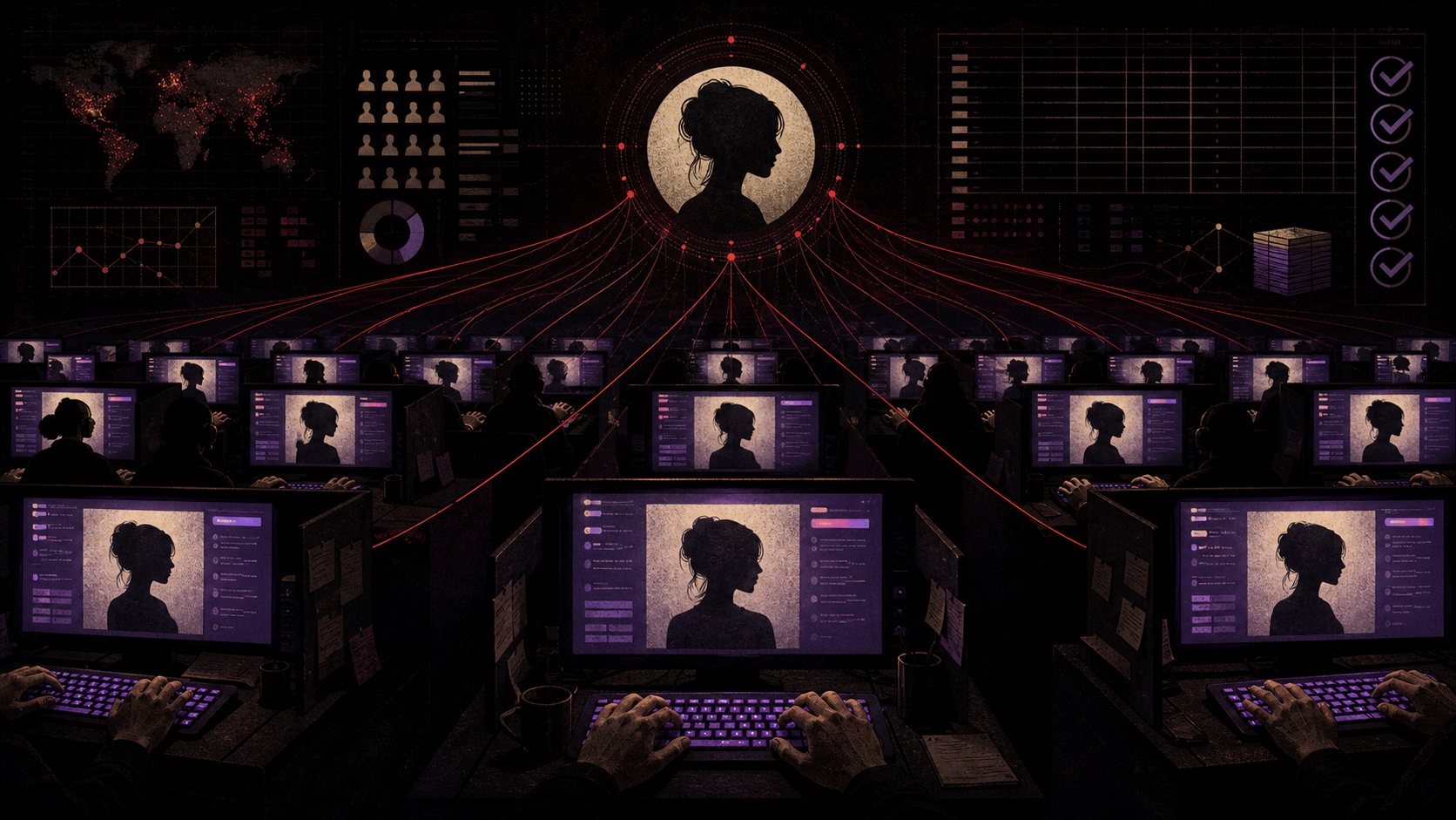 Many anonymous operators connected to one public creator identity, illustrating outsourced chats and platform authentication risk