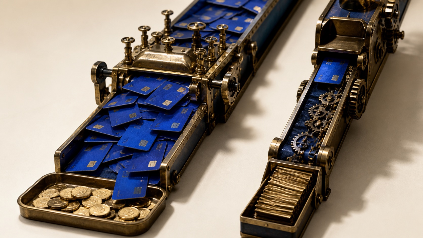 AI concept: payment cards pass through brass processing machinery and leave coins, distinguishing volume from retained profit