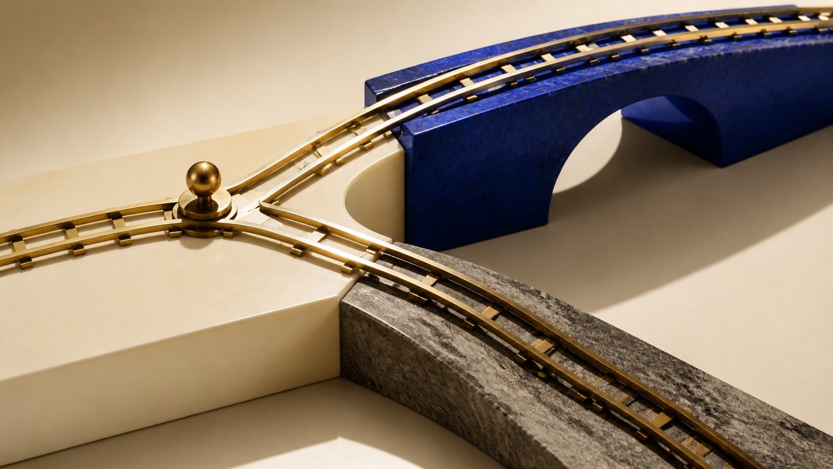 AI concept: a brass switch separates a removable blue bridge from a solid stone route, representing two valuation scenarios