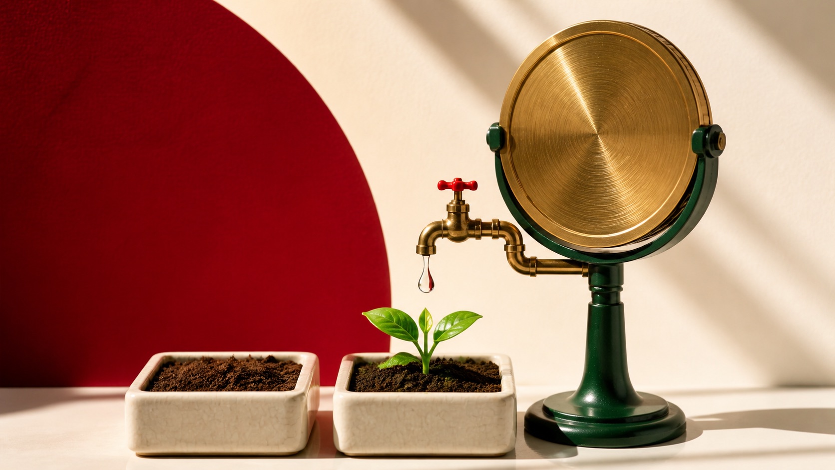 AI concept: a brass coin and green irrigation mechanism nurture a seedling, representing measurable returns on retained capital