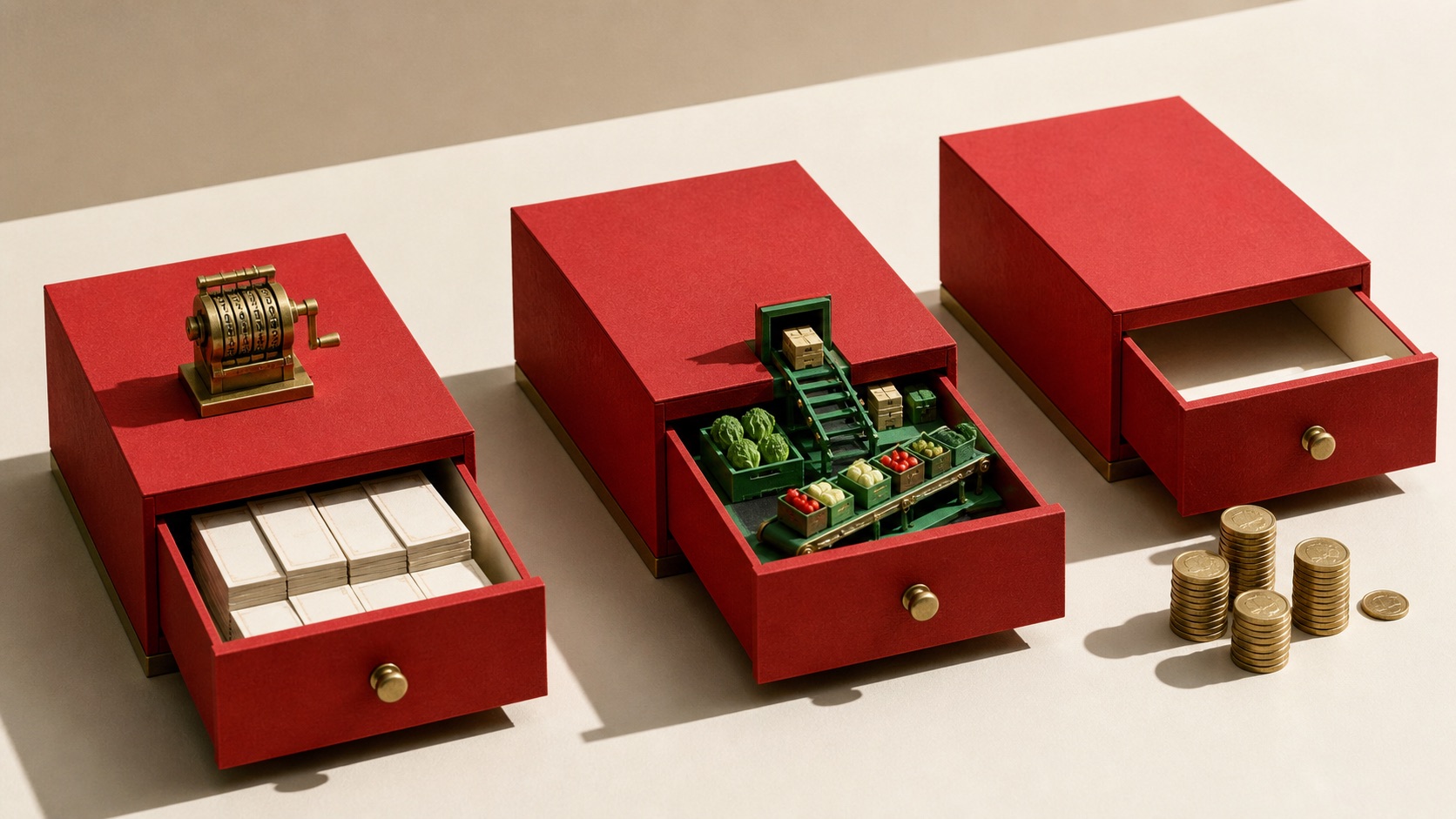 AI concept: separate drawers represent operating liquidity, grocery reinvestment and shareholder distributions; not a numerical allocation chart