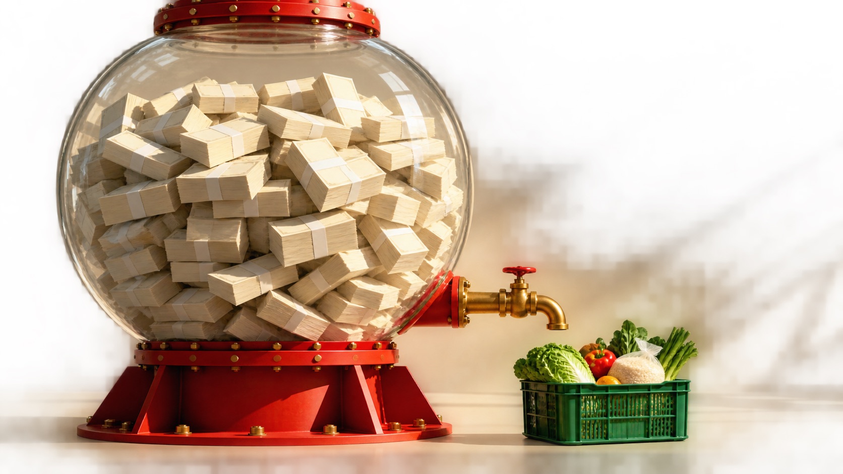 AI concept: a large glass cash reservoir feeds a small grocery crate, representing PDD capital allocation