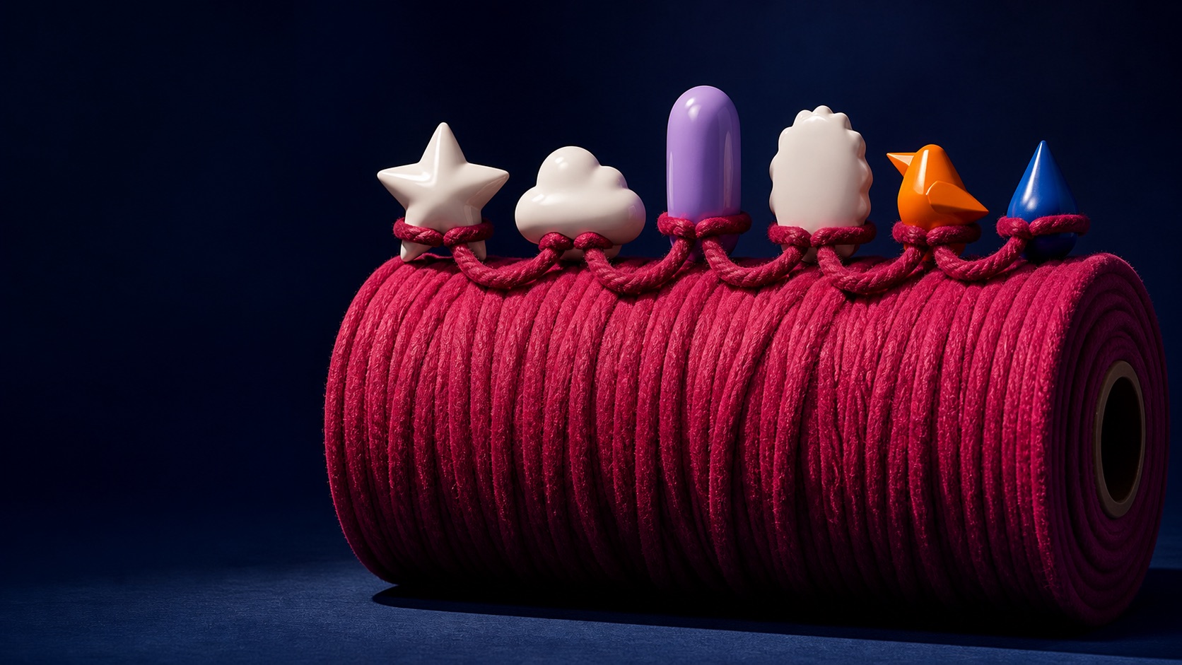 AI concept: six fictional toy silhouettes tied to one plush spool represent diverse IPs sharing a common demand factor