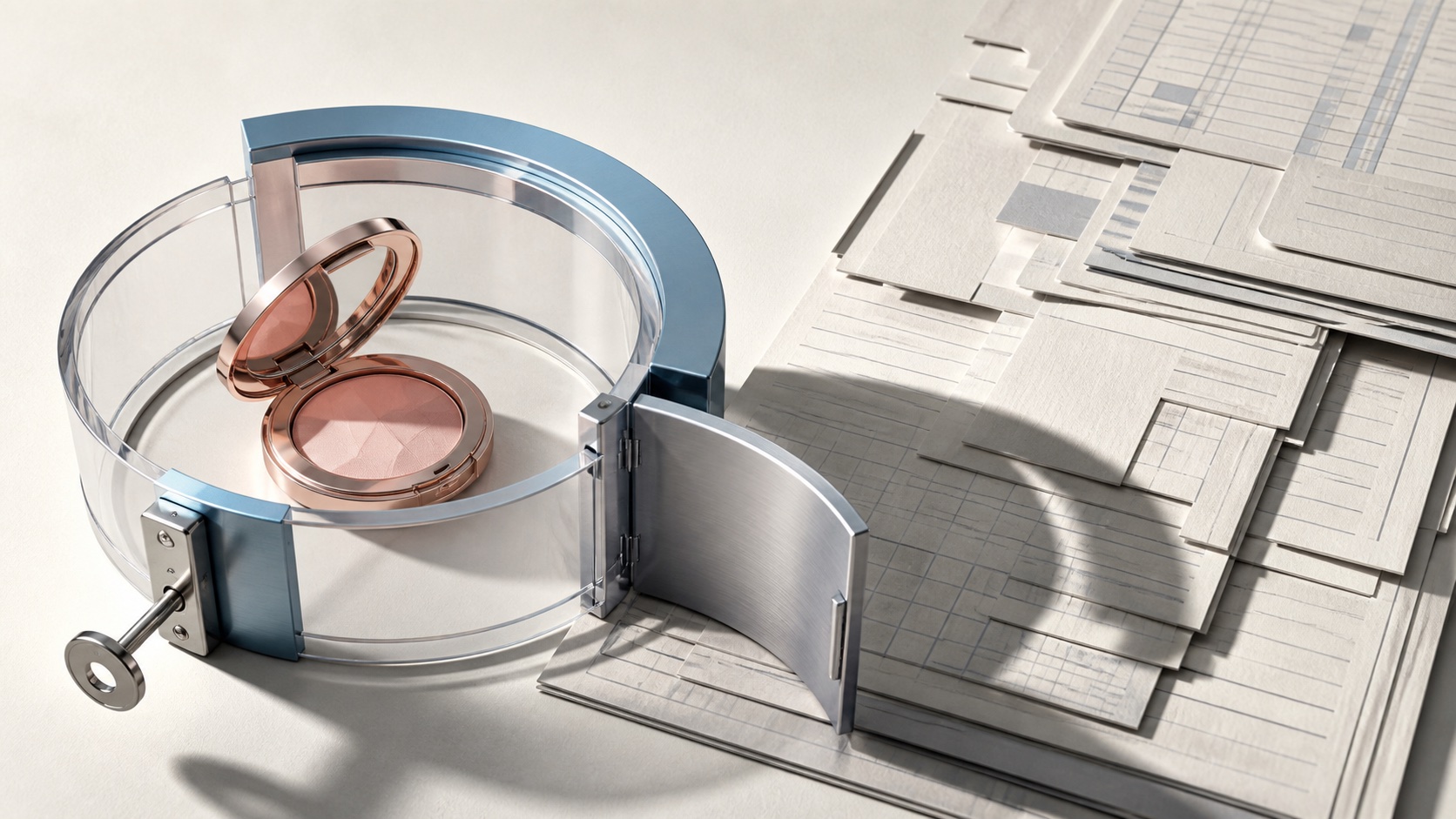 AI concept: a beauty compact crosses a control gate and casts an accounting-paper shadow