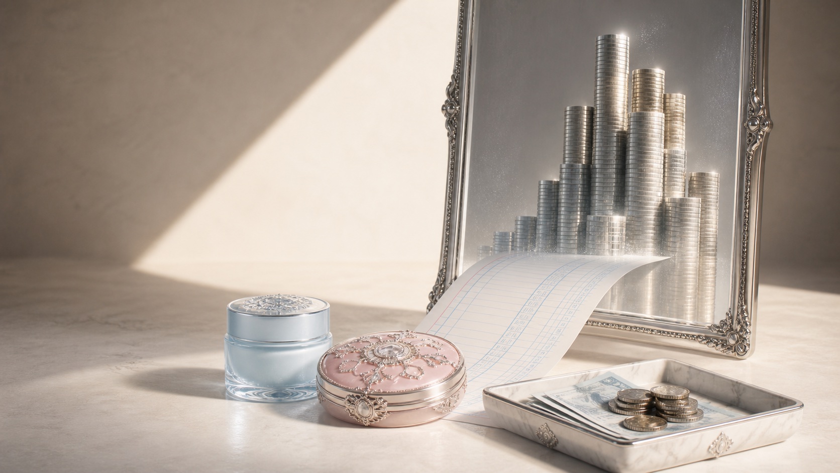 AI concept: a beauty compact reflects as coins while the real cash tray remains separate