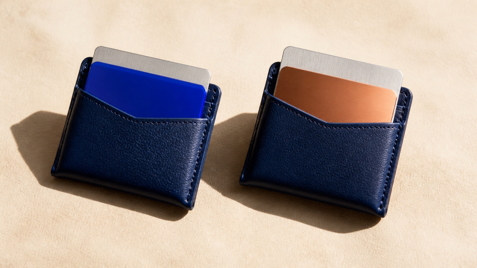AI concept illustration: two cobalt wallets with metallic cards symbolize existing spending and additional purchases, not actual customer contracts