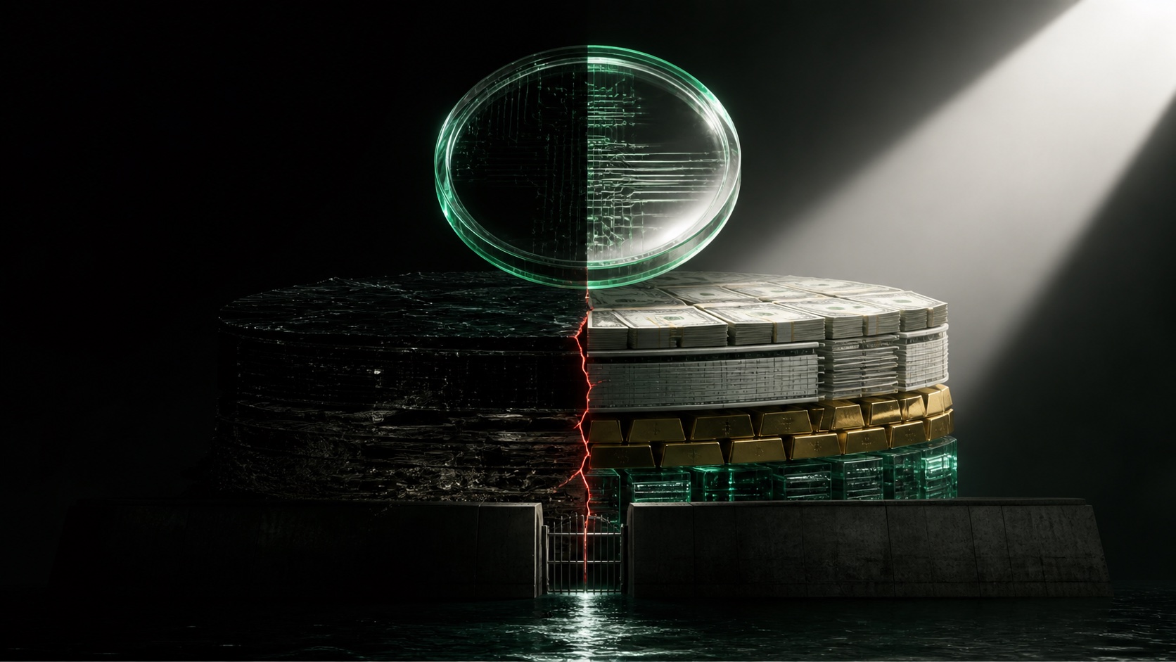 A translucent stablecoin above audited reserve layers split between a bright spotlight and deep shadow