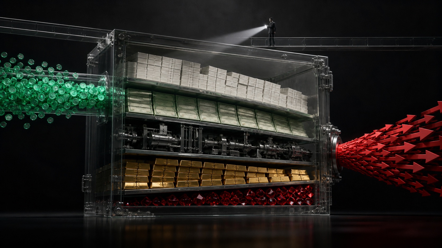 A transparent reserve vault facing concentrated redemptions, separating audit evidence from real-time liquidity risk