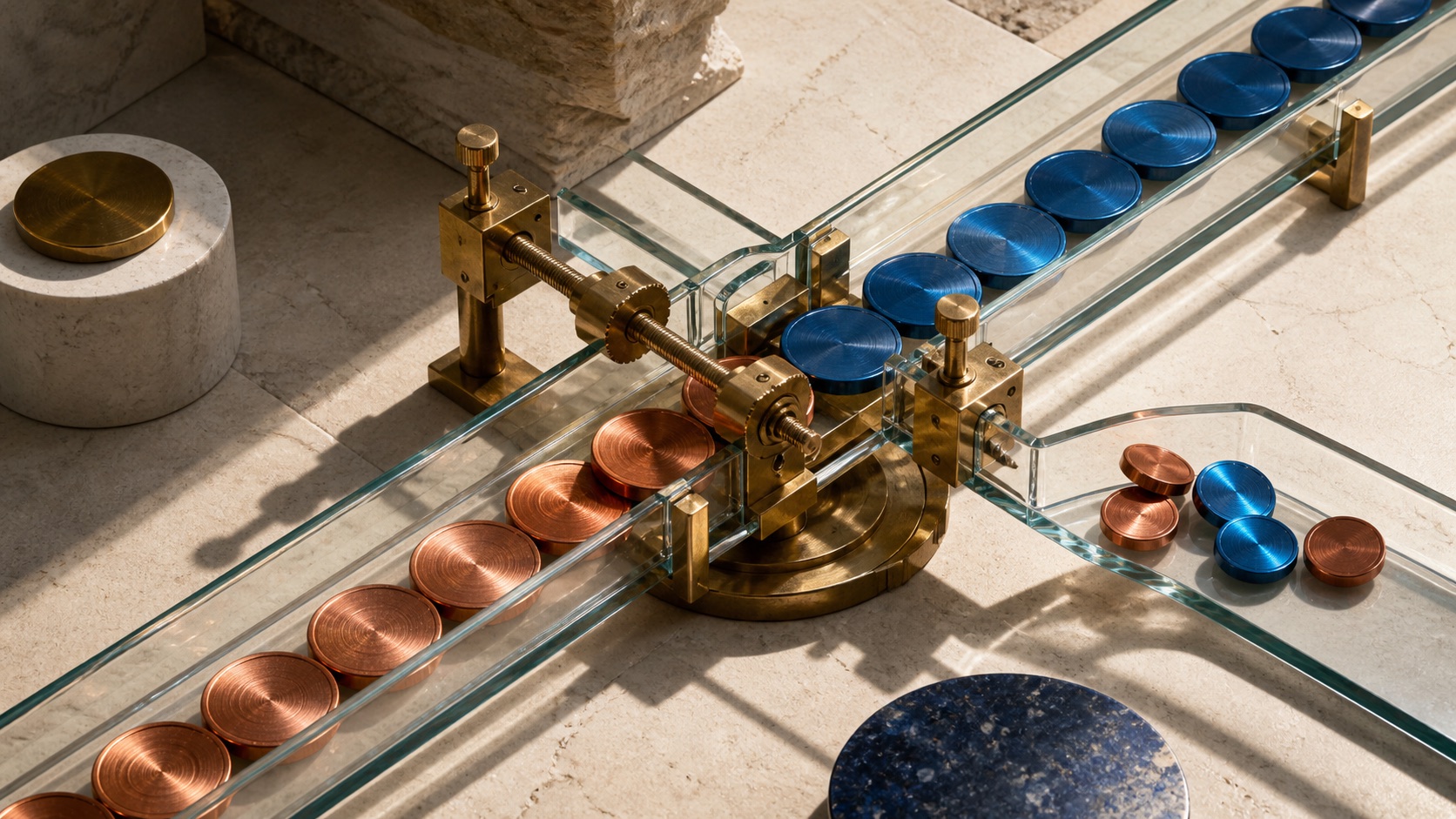 AI concept: opposing copper and blue cash-flow channels meet a balancing mechanism while residual discs remain unmatched; not a numerical hedge chart