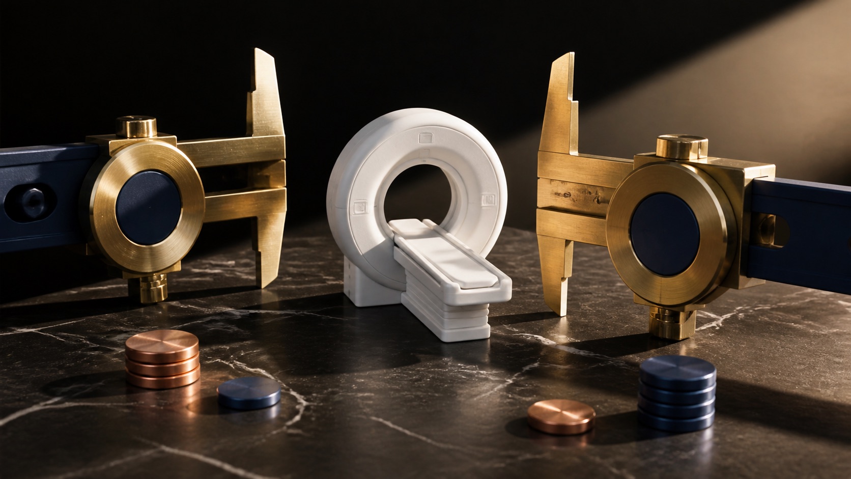 AI concept: paired precision gauges beside a fictional imaging device symbolize consistent cash-flow and discount-rate currencies, not actual data
