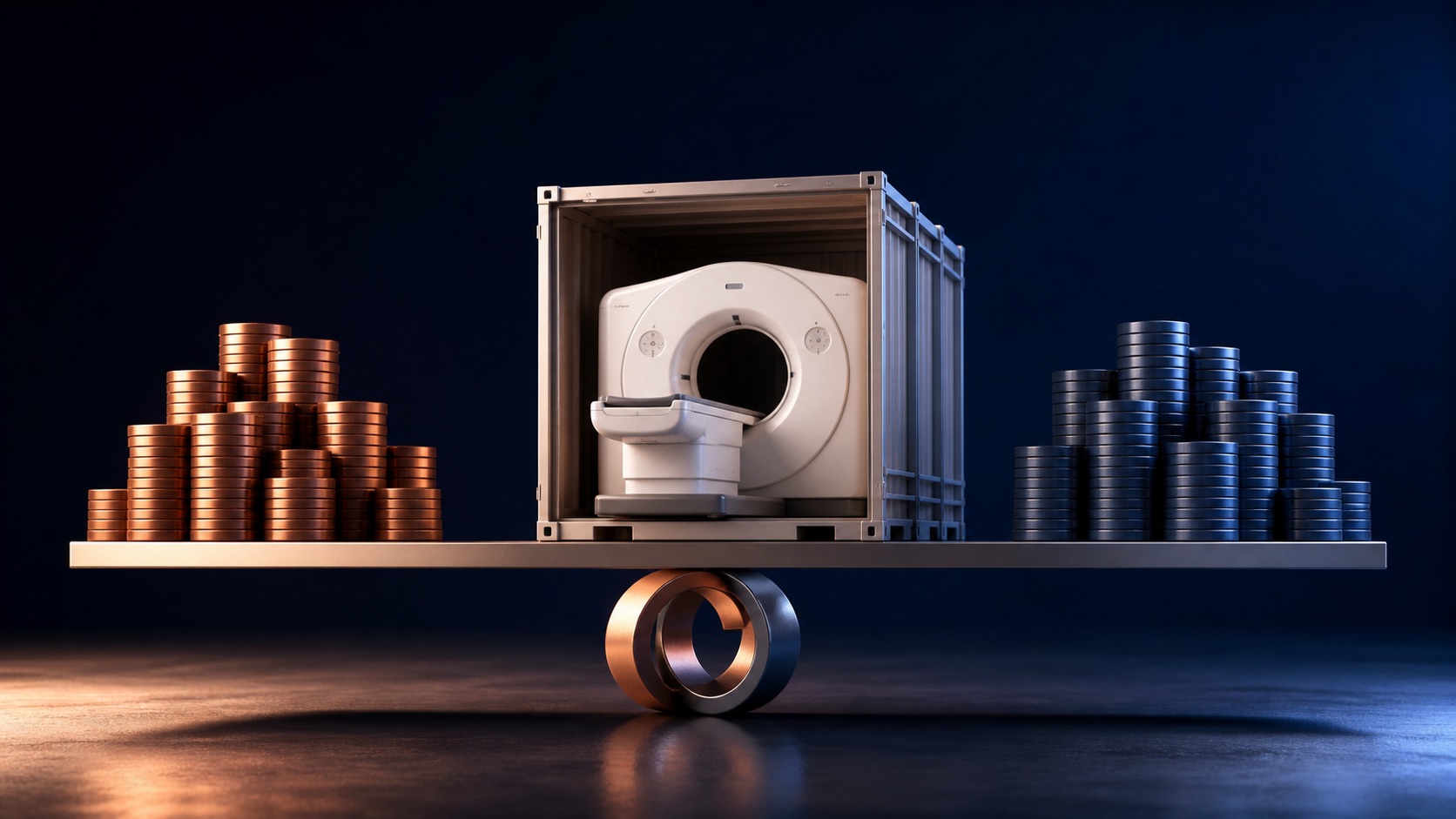 AI concept: a fictional exported medical scanner balances on abstract currency rings, representing global growth and FX exposure